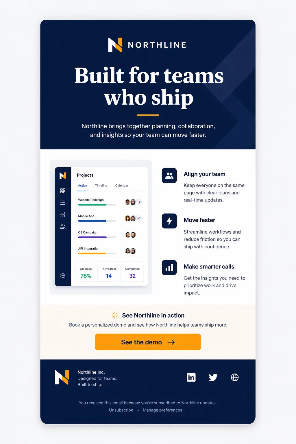 Custom branded email design with navy header, two-column body and amber See the demo button